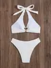 Bikini de alta gama estilo europeo y americano, de color liso y textura, con cuello halter, diseño push-up y un sexy escote con corte de corazón, perfecto para un look de playa en un resort