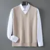 Outono Inverno Masculino Novo Gola V Cor Sólida Colete Pulôver Solto Casual Sem Mangas Tricô Suéter Camada Base Top Transfronteiriço