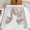 Tacones Altos de Punta Cuadrada con Tacón de Cristal para Mujer 2024 Verano Nuevo Estilo Sandalias Transparentes de Tacón Grueso sin Cierre con Pedrería