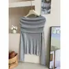 Top de punto vintage estilo francés de hombros descubiertos y manga larga para mujer, otoño e invierno, suave, estiliza, elegante, versátil, top básico