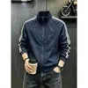 Chaqueta azul oscuro de tres rayas con cuello alto para hombre, otoño, chaqueta de béisbol deconstruida y empalmada, chaqueta bomber cleanfit