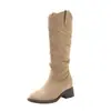Botas de Cano Longo com Salto Plataforma Chunky 2025 Nova Coleção Outono Inverno Bico Redondo Emagrecedoras Sapatos Femininos Versáteis Botas de Equitação de Salto Alto