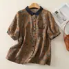 Camisa de Tiro Real para Mujer con Solapa Vintage Talla Grande Top Verano 2025 Nueva Llegada para Mujer Camisa Floral de Manga Corta para Madre