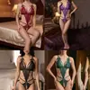 Lingerie Sexy Feminina Peça Única em Renda Verde Escuro com Design Vazado, Decoração de Laço e Alças Sexy
