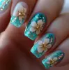 Modelo de Venda Quente para Comércio Exterior: Kit com 24 Unhas Postiças Retangulares de Comprimento Médio, Cor Verde Menta com Gradiente Branco Floral Fresco, para Primavera/Verão, Atacado