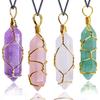 Pingente Coluna Hexagonal Cristal Pedra Natural Enrolado em Ouro Pedra Bruta Polida Colar Enrolado em Arame Joias DIY Hexágono