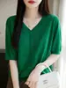 Novedad Primavera Verano 2025 Estilo V Cuello Tencel Manga Corta Mujer Corte Holgado, Adelgazante, Moderno, Casual y Versátil Tops y Camisetas