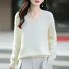 Básico de corte ajustado, favorecedor escote en V, forro polar, cálido, cuello suave, top capa base, suéter tejido para mujer, amarillo pluma