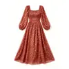 Vestido vintage de gasa roja con escote cuadrado pequeño, cintura fruncida, mangas largas tipo farol, cintura alta, falda amplia, efecto adelgazante, adecuado para vacaciones