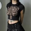 Camiseta de Mujer Estilo Retro Europeo y Americano Estilo Oscuro Cuello Redondo Estampado de Esqueleto Ajustada Cintura Alta Ombliguera