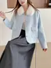 Cárdigan de punto de terciopelo de visón sintético de alta gama estilo francés, nuevo modelo otoño e invierno 2026, elegante cuello de pelo, abrigo suéter suave y acogedor para mujer