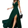 Vestido Largo de Noche Elegante de Estilo Nuevo Transfronterizo Europeo y Americano con Cuello en V y Abertura, Corte Ajustado, Sin Mangas