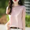 Top de verano para mujer de punto fino con cuello redondo, borde enrollado, manga corta, ligero, transpirable, adelgazante, versátil, simple, camiseta base de punto moderna