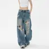 Calça jeans feminina rasgada estilo retrô americano, estilo fino de verão, novas calças retas largas e soltas, versão lavada, calças de boa qualidade