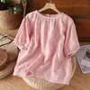Bebe té, mira las flores, escucha la lluvia, la vida es pequeña y satisfactoria. Tops de Algodón Fino y Lino Teñidos en Hilo, Camisetas Sueltas de Manga Corta