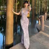 Vestido Morado Sexy Estilo Puro Deseo Verano Sudeste Asiático Transfronterizo Nuevo Estilo Bodycon Sirena Largo con Espalda Descubierta y Tirantes