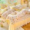 Juego de Colcha de Terciopelo de Leche de Cuatro Piezas Funda de Edredón de Encaje de Invierno Felpa Gruesa de Doble Cara Coral Franela Ropa de Cama