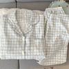 Pijama de Cuadros Azules Estilo Japonés Talla Grande para Mujer, Manga Larga Primavera y Otoño, Lindo Ropa de Casa para Estudiantes Set de Dos Piezas, Al por Mayor en Stock