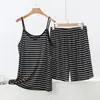 Conjunto de Casa de Verano Holgado Talla Grande para Mujer, Conjunto de Dos Piezas de Camisola Fina Rayada de Cuello V de Modal y Shorts