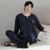 Pijama de Algodón Puro para Hombre de Otoño e Invierno Manga Larga Pantalón Largo Suave Transpirable Pijama Casero para Hombre Conjunto Casual Simple de Dos Piezas