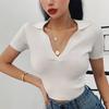 Stock Listo de Fábrica Camisa Retro con Solapa Hyuna Camisa de Punto de Manga Corta para Mujer Cuello Delgado Corta que Muestra el Ombligo Moda