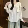 Foto Real da Nova Camisa Plissada com Babados Estilosa para Mulheres, Estilo Novo de Primavera Top de Manga Bufante de Fada