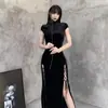 Vintage estilo chinês Veludo Cheongsam vestido melhorado novo estilo chinês Split Alto Cool Sough Preto elegante vestido longo