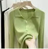 Cardigã Tricotado com Lapela Feminino 2025 Outono Inicial Novo Estilo Gola Polo Elegante Preguiçoso Moda Nicho Top