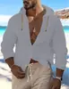 Nueva Camisa con Capucha para Hombre de Amazon Transfronterizo Nueva Colección Primavera y Verano Color Sólido Algodón y Lino Tops Casuales de Manga Larga para Hombre