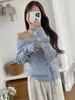 Tamanhos atualizados disponíveis: Elegante top de malha com decote em V e amarração, de manga comprida, para mulheres, com corte justo e que valoriza a silhueta, para outono/inverno.