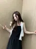 Atualização de Tamanho Chic Coreano Verão Novo Design Francês Costas Nuas Alça Fina Vestido Midi