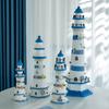 Farol Listrado Azul e Branco Grande Farol Marítimo Torre de Observação Estilo Mediterrâneo Decorações para Casa Enfeites Madeira Feita à Mão