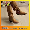 Botas de moda estilo coreano com salto grosso plissado para uso externo, novo modelo outono e inverno 2026, bico redondo, afuniladas, versáteis, botas de salto alto blocadas, botas longas