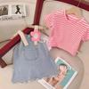 Traje de Verano para Niñas Bebé Elegante Infantil Personalizado de Moda Coreano Rayas Camiseta Tres Dimensiones Flor Vaquero Hilo Vestido