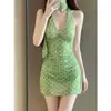 Nuevo traje de baño verde de lunares para las vacaciones 2026, impresionante bañador de playa estilo falda para fotos de vacaciones, con un look puro y seductor para bustos pequeños