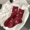 Calcetines de algodón sin hueso para mujer, de color rojo Ankora, para otoño e invierno, con combinación de cuero, para zapatos pequeños, calcetines de media caña, calcetines apilados de moda.