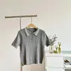 Nuevo Estilo Coreano de Primavera y Verano Exclusivo de Centro Comercial de Manga Corta Tejido de Punto Cableado para Mujer Color de Universidad Bloque de Color Polo de Punto Manga Corta Top Delgado
