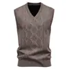 Suéter sin mangas de punto jacquard con patrón de rombos pequeños, forro polar, estilo casual de papá, holgado, para hombres de mediana edad, Otoño e Invierno