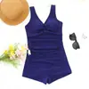 Traje de baño de una pieza tipo bóxer de color sólido, nuevo, transfronterizo, para mujer, adelgazante, fotografía de playa, estilo Ins, traje de baño de mujer con cuello en V