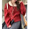 Cardigã de tricô com blocos de cor transfronteiriços, estilo doce, gola boneca, amarração, para mulheres, novo casaco suéter top para outono e inverno de 2026