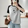 [Especial] Novo Estilo de Verão Plus Size para Meninas Cheinhas de 100kg, Blusa de Manga Curta Raglan Color Block Colorida Estampada com Desenho Animado 9667
