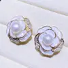 Aretes de Perlas de Agua Dulce para Mujer, Chapados en Oro de 14K, Circonita Esmaltada, Aretes de Camelia, Perlas Blancas Elegantes Retro