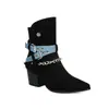 Botas Western de Cowboy Femininas Camurça Retrô Bico Fino Salto Grosso Salto Alto Fivela de Corrente Slip-On Botas Curtas Femininas Cano Curto
