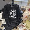 Camiseta Unisex de Verano de Manga Corta Pesada Lavada Vintage Diseño Americano de Alta Calle Hip-Hop Callejero Europeo y Americano Algodón Puro Marca de Moda