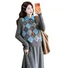 Roupa de maternidade estilo japonês vestido cinza de manga comprida com lapela feminino inverno novo padrão de diamante colete colete sobreposição terno de saia longa
