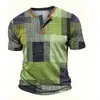 Camiseta retro de botão com meia-malha transpassada transfronteiriça, top pullover Henley casual de manga curta com estampa 3D slim fit para homens