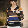 Cardigan de Lã Fina com Gola Lapela Tricotado para Outono e Inverno 2025, Manga Longa Feminino, Listrado Colorido, Solto, Versátil