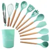 Espátula de Silicona con Mango de Madera, Cuchara para Sopa, Colador, Juego de 12 Piezas, Sartén Antiadherente, Espátula de Silicona, Juego de Utensilios de Cocina de Silicona Resistentes a Altas Temperaturas