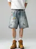 Shorts de Mezclilla Rasgados con Bordado de Caballo Arcoíris para Hombre, Nuevo Estilo de Verano, Marca Americana de Moda, Pantalones de Cinco Puntos Rectos Sueltos de Pierna Ancha