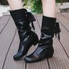 Botas de Equitação de Tamanho Grande para Comércio Exterior Outono e Inverno 2024 Fornecimento Transfronteiriço Salto Baixo Bico Redondo Cadarço nas Costas Botas Quentes de Meia-Canela para Mulheres